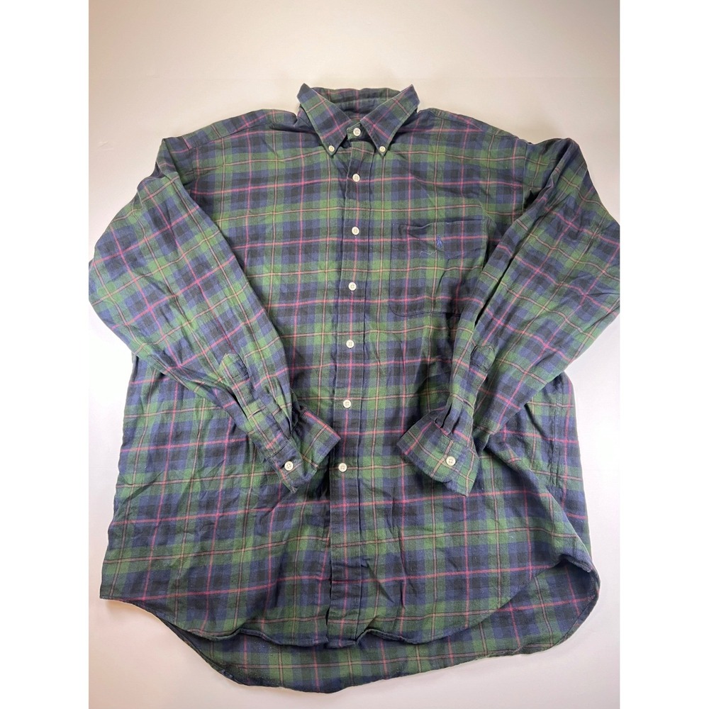 Ralph Lauren Blaire Shirt Mens Large Green Navy Red Plaid Cotton Flannel Button